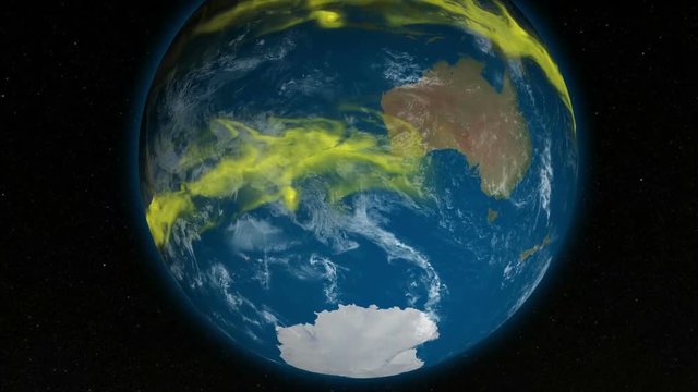 Animation of the ozone concentration in the south pole. Particles move from equator to south pole. Elements of this image furnished by NASA