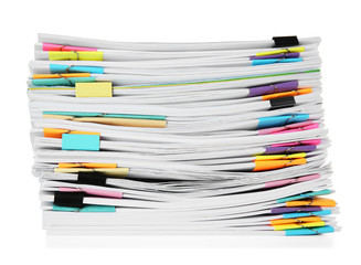 Stack of documents on white background