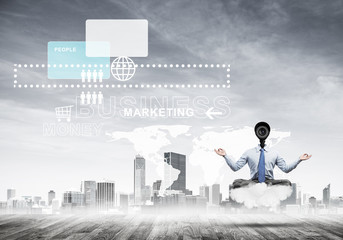 Camera headed man sitting in lotus pose on cloud against modern 