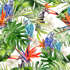 Beautiful watercolor seamless, tropical jungle floral pattern background with palm leaves, flower hibiscus, bird tukan and parrot. © knopazyzy