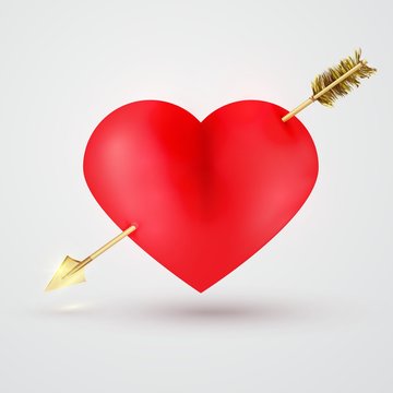 Glossy red heart pierced by  gold arrow.