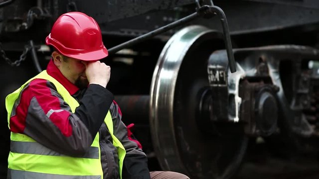Stressed railroadman on railway track, railway worker sits on railway line near big metal wheel. Tired railwayman in red hard hat sits on rail near freight wagon after hard work day