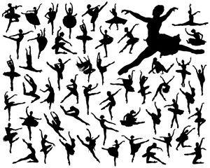 Black silhouettes of ballerinas on a white background