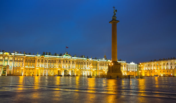 Palace Square in St. Petersburg at night.