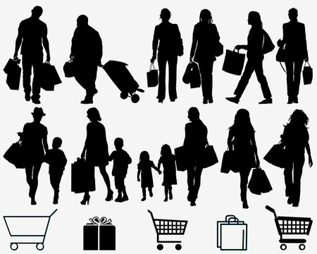 Black silhouettes of shopping on a white background
