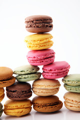 Sweet and colourful french macaroons or macaron on white background, Dessert