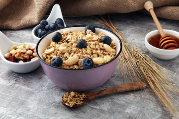 Oat flakes with milk, honey, blueberries, raspberries and nuts.
