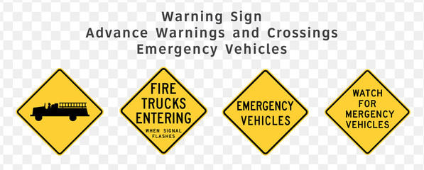 Road sign. Warning. Advance Warnings and Crossings. Emergency Vehicles.  Vector illustration on transparent background
