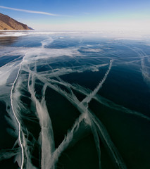 Russia. The Eastern Siberia. Amazing the transparency of the ice of lake Baikal due to the lack of snow and extreme cold in the winter.