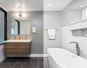 Architectural drawing of luxury bathroom - Illustration. Drawing from Split screen to Photograph