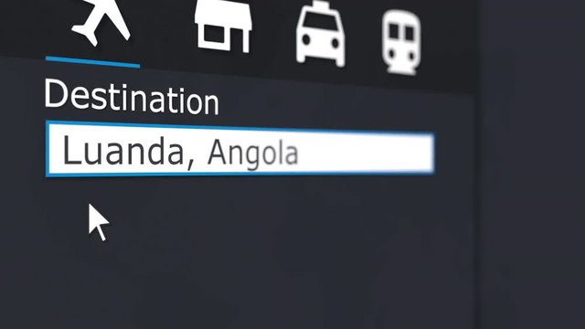 Buying airplane ticket to Luanda online. Travelling to Angola conceptual animation