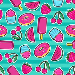 Cute seamless pattern with colorful patches. Stickers of ice cream, cherry, strawberry, watermelon, donut, cupcake etc on green background. Fashion cool patches and stickers. Vector illustration.