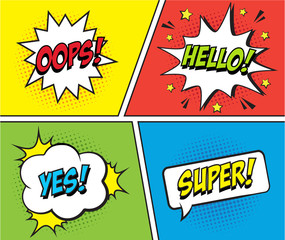 Retro comic speech bubbles set on colorful background. Expression text YES, HELLO, OOPS, SUPER. Vector illustration of comic speech bubbles, vintage design, pop art style.