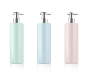 Mock up cosmetic set. Blue green pink bottle with silver metallic dispenser for cream soap gel shampoo etc. Beauty product package template