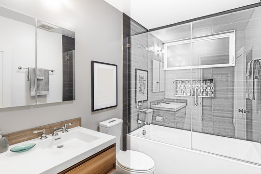 Architectural drawing of bathroom - Illustration with Glass Shower and wooden cabinet. Drawing from Split screen to Photograph