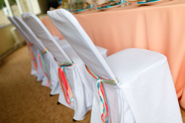 Decorated with pink and green ribbons the chairs are in a row. Wedding chairs decorated with white ribbons