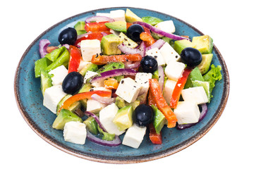 Greek salad with feta, avocado and black olives