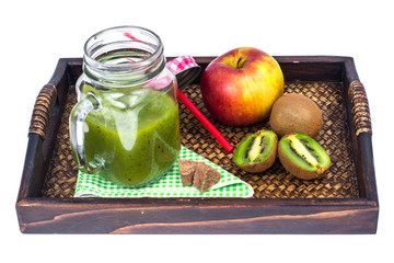Apple, kiwi, fruit smoothie on wooden tray - healthy and healthy food