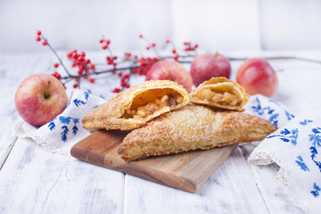 divided apple pie on a wooden board and against a white background, branch with red berries and apples