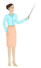 Young girl in a business style. Lecturer, teacher, news anchor, economic commentator. Beautiful young woman. Smiling girl. Blue blouse. Beige skirt, beige shoes, brunette Isolated on white eps 10