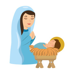 cute virgin mary with jesus baby characters vector illustration design