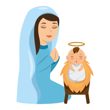 cute virgin mary with jesus baby characters vector illustration design
