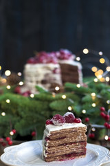 Fototapeta na wymiar cake with red berries near a Christmas tree on a black background