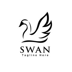 line art shadow flying swan at lake logo