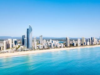 An aerial view of Surfers Paradise on the Gold Coast in Queensland, Australia