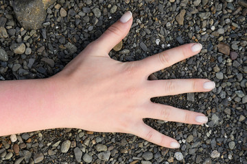 Female open hand with french manicure with the fingers spread lies on black pebbles
