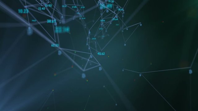 the web of economical interrelations, the logo of bitcoin. depth of field. rotation in a circle. plexus network cinematic business background. seamless loop.