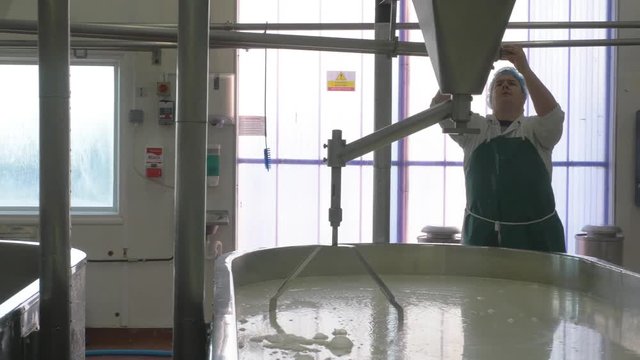 Staff checking the pipe work at cheese making factory