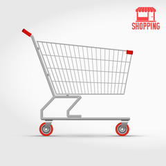 Empty Supermarket Shopping Cart Isolated on White, Side View