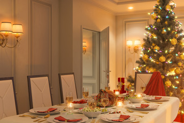 3d illustration of a Christmas family dinner table. An image for a postcard or a poster. Interior design in a classic architectural style with a Christmas tree and gifts.  