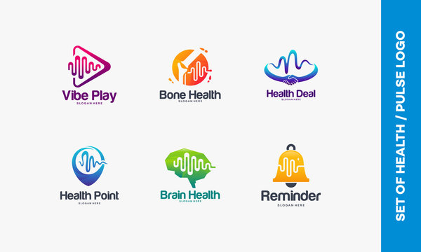 Set of Vibe Play logo, Bone Health symbol, Health Deal, Health Point logo, Brain Health, Reminder logo, Collection of Pulse logo