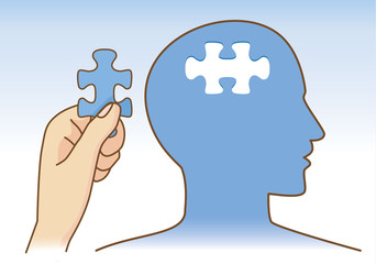 Hand holding last piece of jigsaw puzzle for add on human head. Medical concept illustration about brain and thinking.