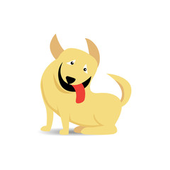Funny sitting yellow dog stick out red tongue on white background