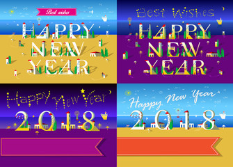 Fototapeta premium New Years Cards with beach, sea and houses