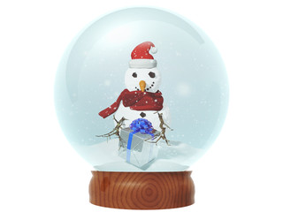 3D illustration of snowman in a snowball Christmas concept with flakes ornaments friendship and happiness