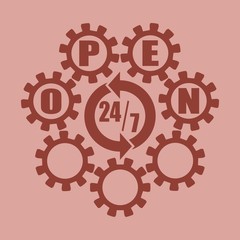 Time operation mode. Infinity arrow icon. For customer support and retail. Seven days twenty four hour. Open text in gears