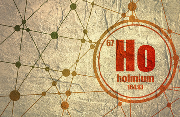 Holmium chemical element. Sign with atomic number and atomic weight. Chemical element of periodic table. Molecule And Communication Background. Connected lines with dots.
