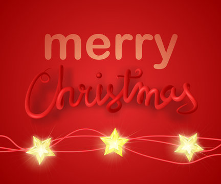 Merry Christmas greeting card vector illustration. 3d red lettering with christmas lights.