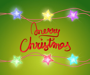 Merry Christmas greeting card vector illustration. 3d red lettering with christmas lights.