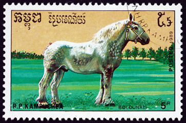 Postage stamp Cambodia 1989 boulonnais, a French breed of horse