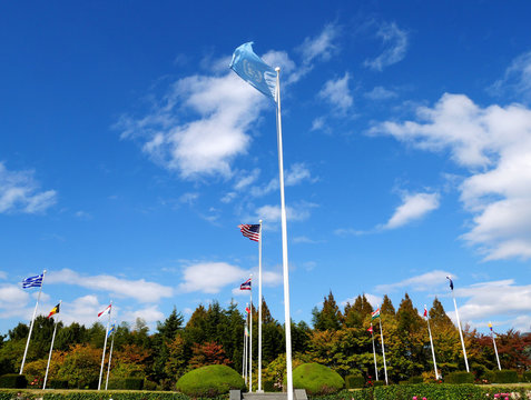 The United Nations Cemetery In Busan South Korea With The Flags Of The UN Countries That Participated In The Korean War (1950-1953).