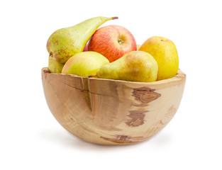 Apples and pears in the vintage wooden fruit dish