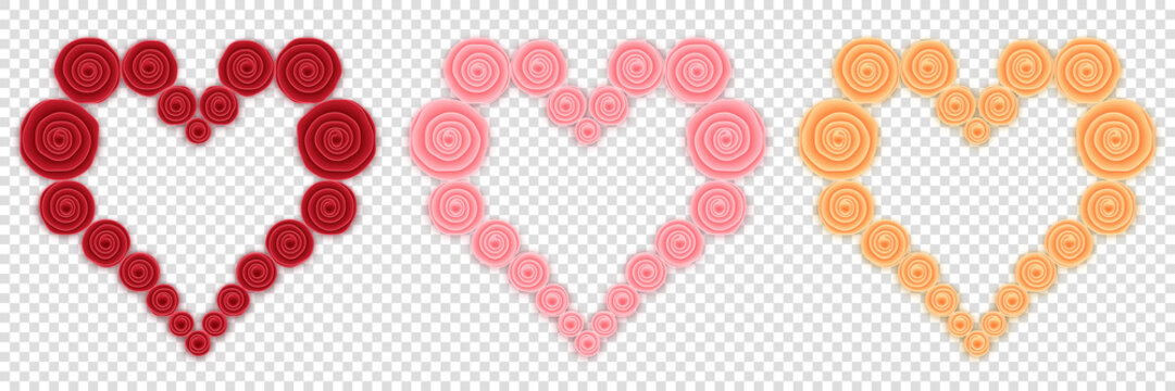 Three hearts from roses. Red, pink and yellow. Roses made of paper on isolated background.