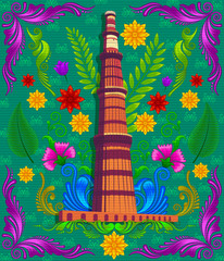 Indian monument Qutub Minar with Indian style design and floral pattern