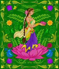 Indian girl welcoming with Indian style background and floral pattern