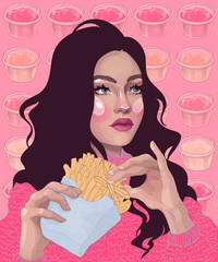 vector beautiful brunette girl eating a french fries and can not choose a sauce to it - 185714960